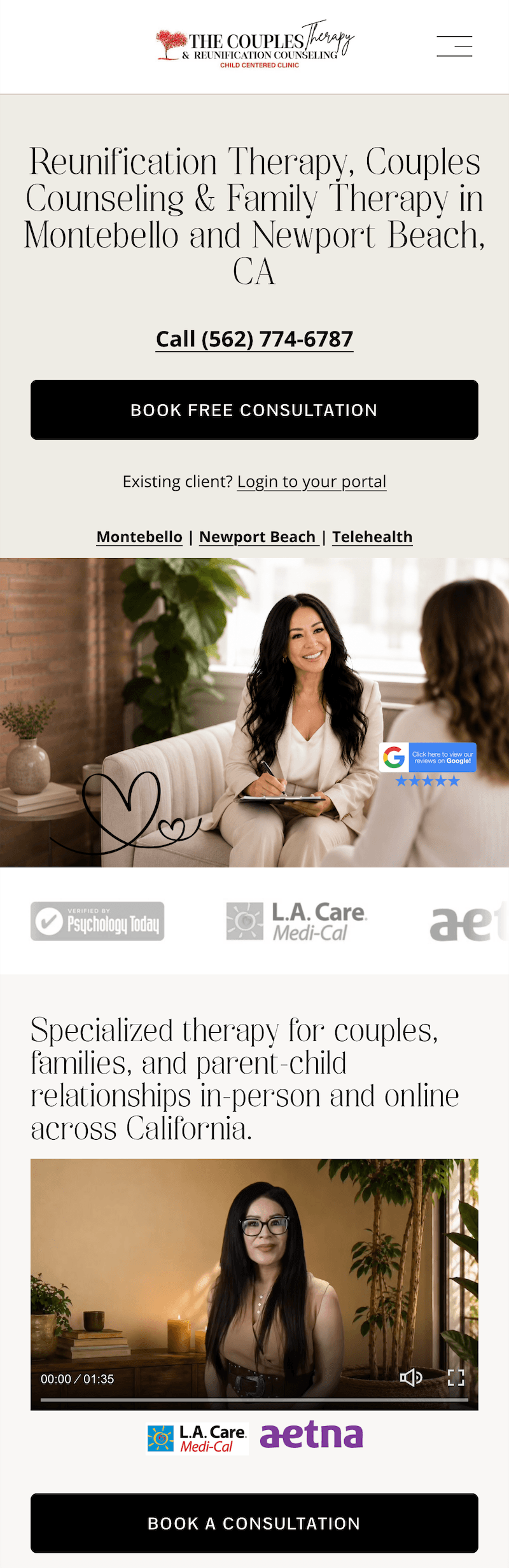The Couples Therapy and Reunification Counseling Inc. mobile homepage after the redesign