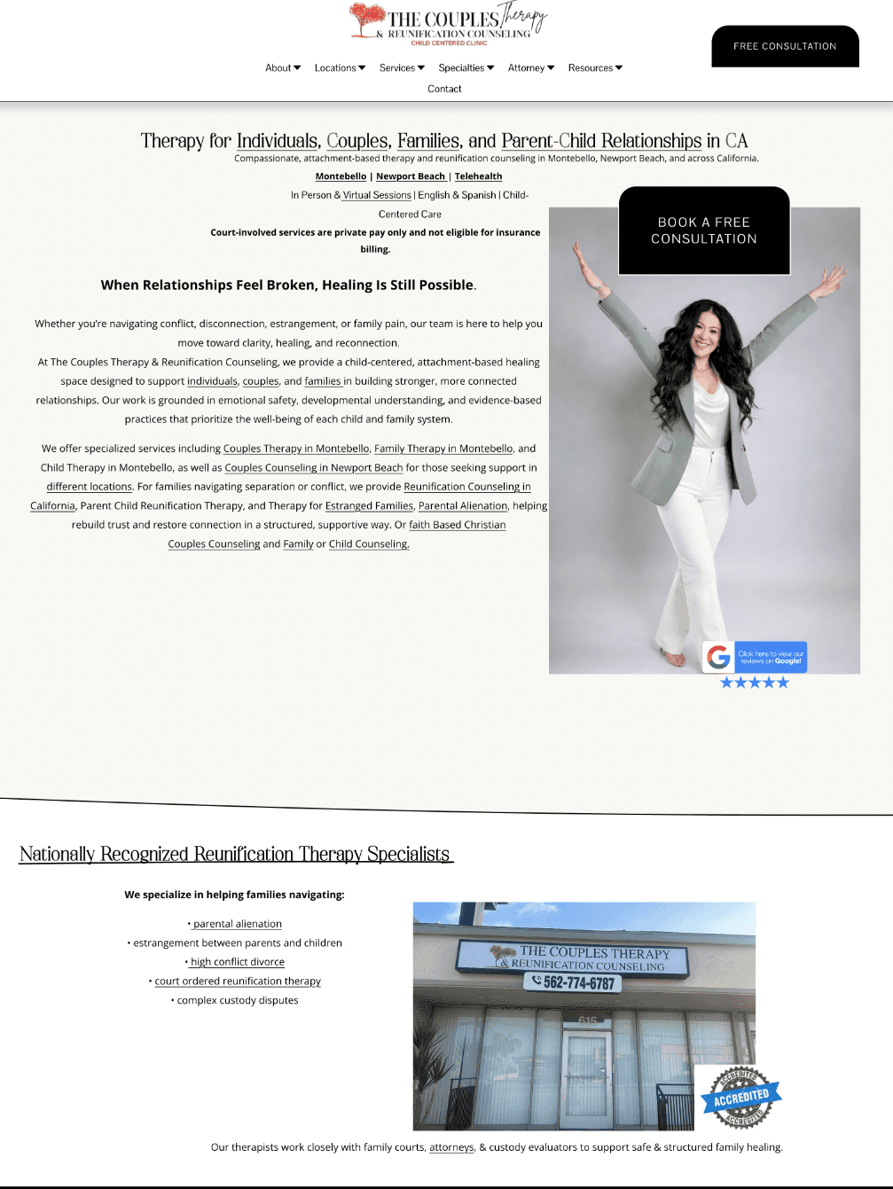 The Couples Therapy and Reunification Counseling Inc. original homepage before the redesign
