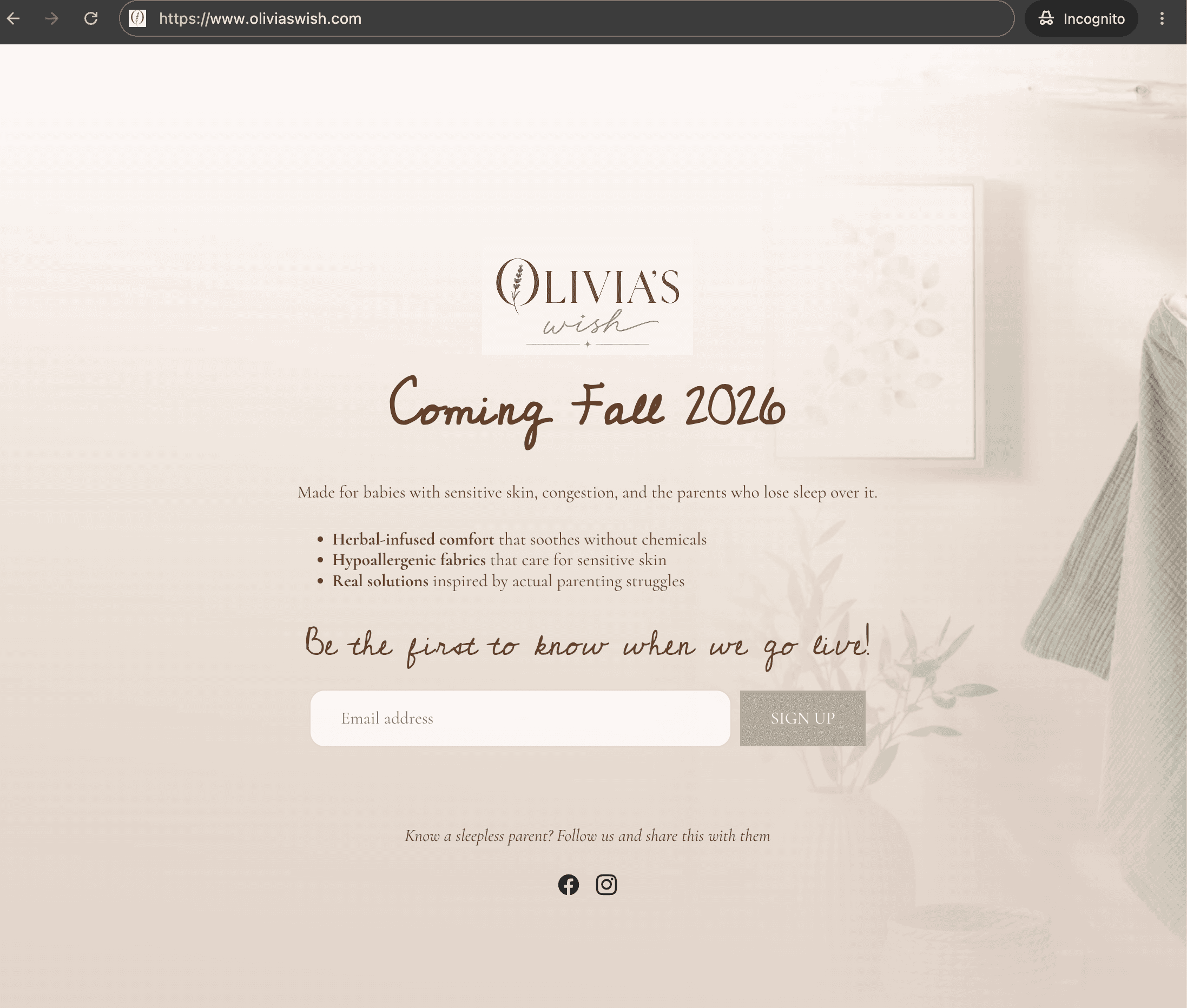 Olivia's Wish coming soon landing page, announcing a Fall 2026 launch with an email signup