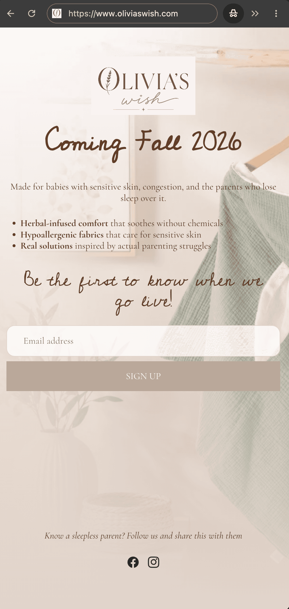 Olivia's Wish coming soon landing page on mobile
