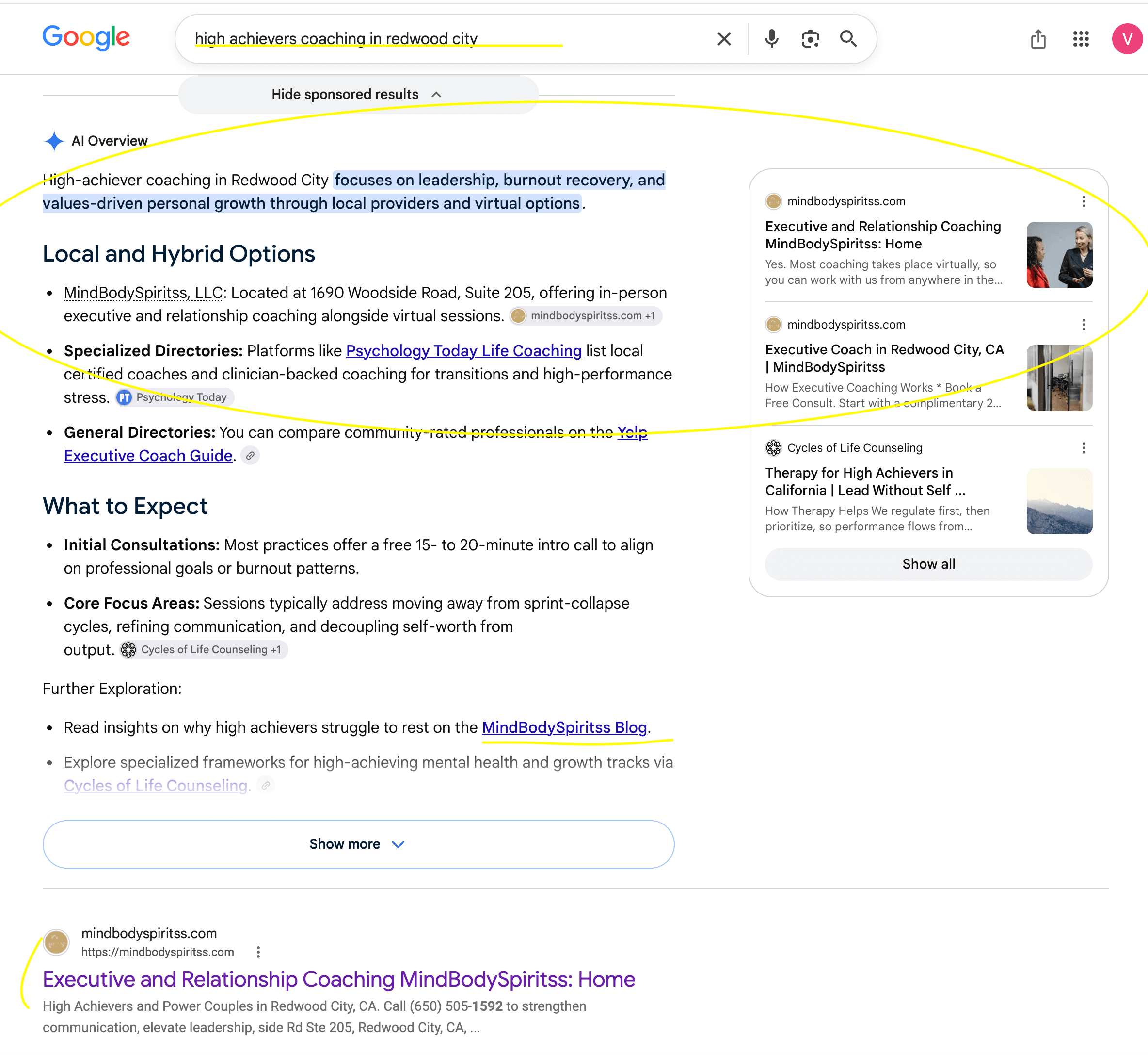 Google AI Overview referencing MindBodySpiritss inside the AI summary, the sidebar card, and the organic listing for the query high achievers coaching in Redwood City