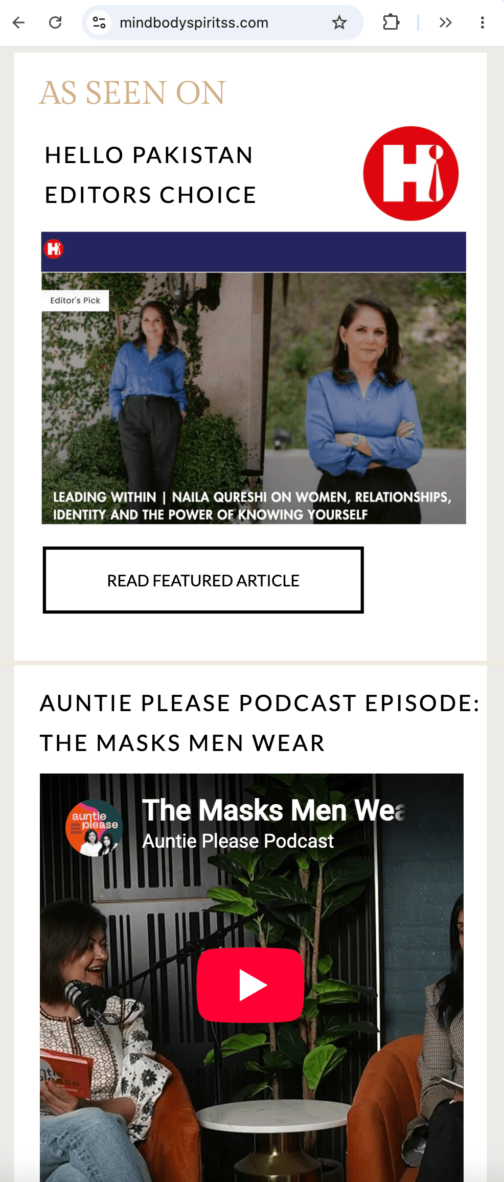 MindBodySpiritss As Seen On section on mobile, featuring press and podcast placements