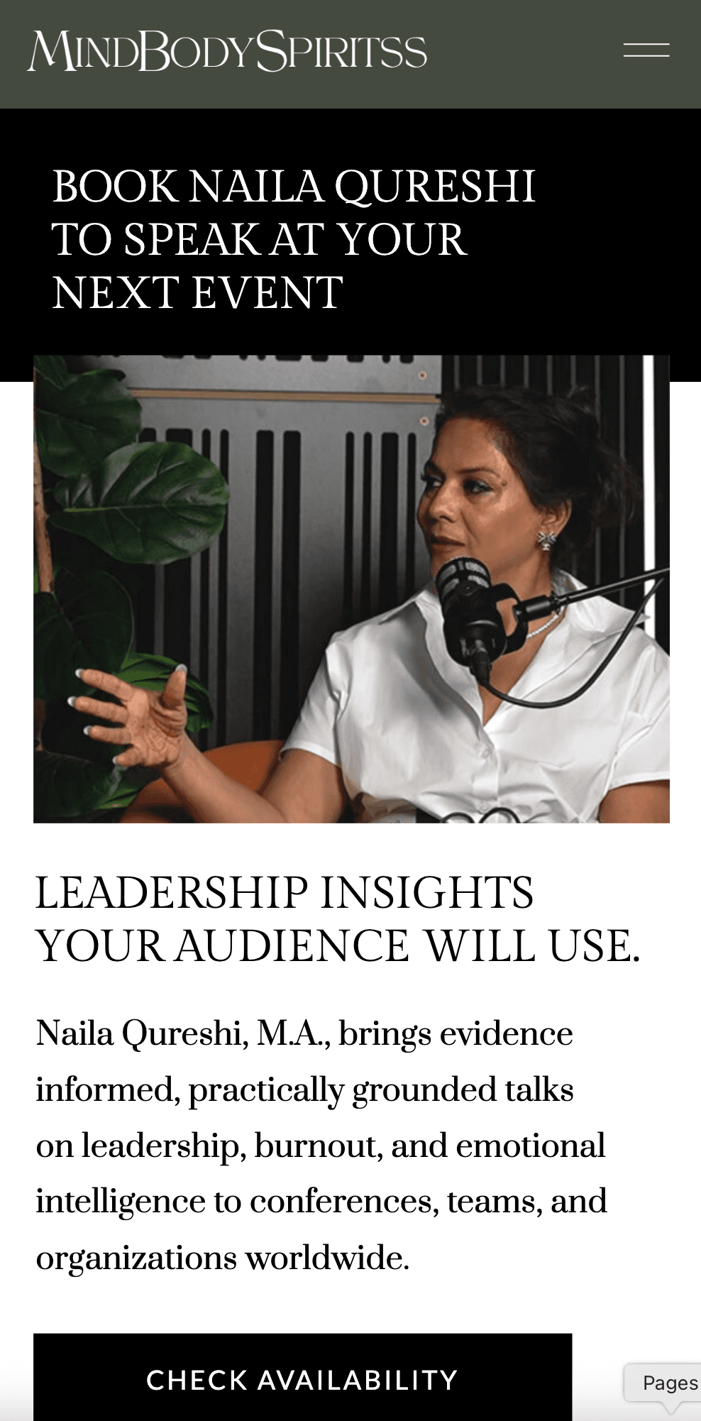 MindBodySpiritss speaker page, featuring Naila Qureshi's speaking topics and booking call to action