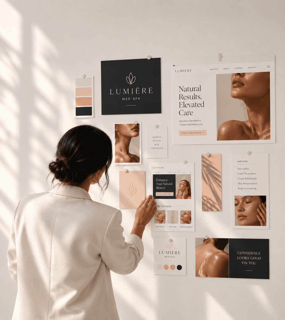 Designer pinning brand concepts to a mood board wall